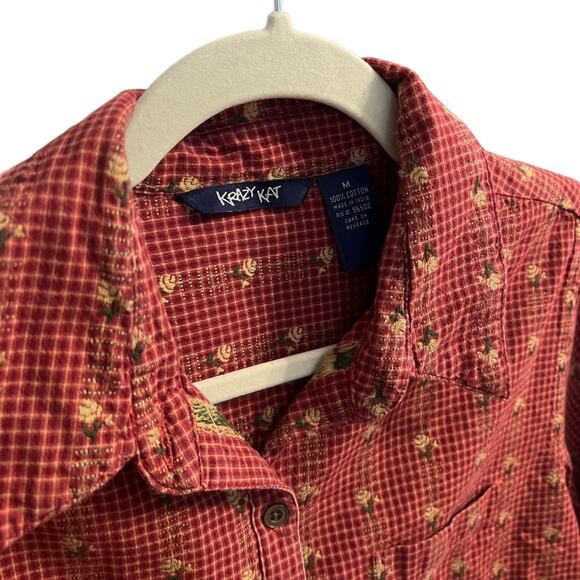 Vintage Krazy Kat Red Fall Floral Embroidered Button-Down Top, M - Picture 9 of 9